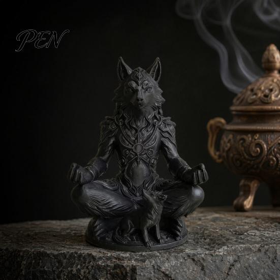 Meditation Figurine 3D Printed Gothic Werewolf Statue, Zen Beast Warrior Sculpture with Round Frosted Paint Statue Base, Matte Black Fantasy