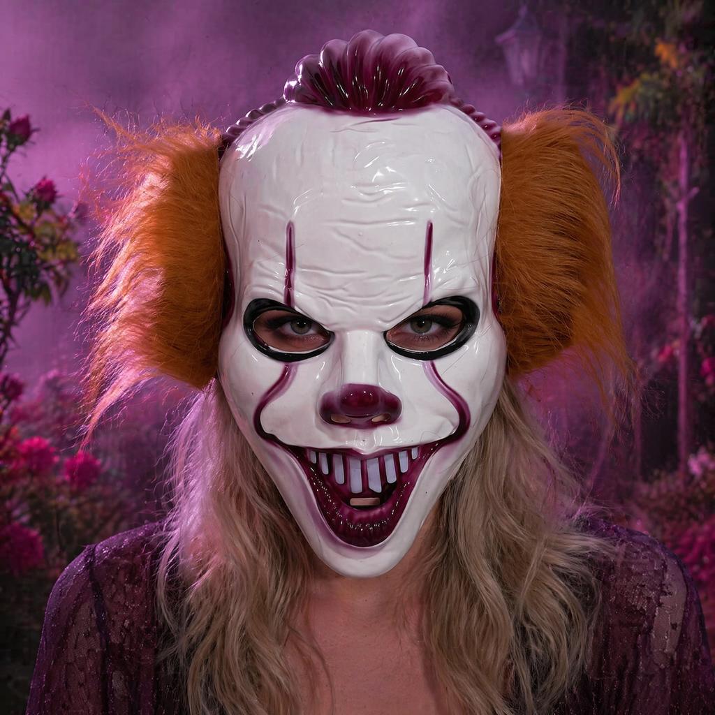 Theatrical Horror Mask Halloween Short Hair Clown Mask, Scary Joker Full Face Creepy Cosplay for Masquerade Party Costume Props