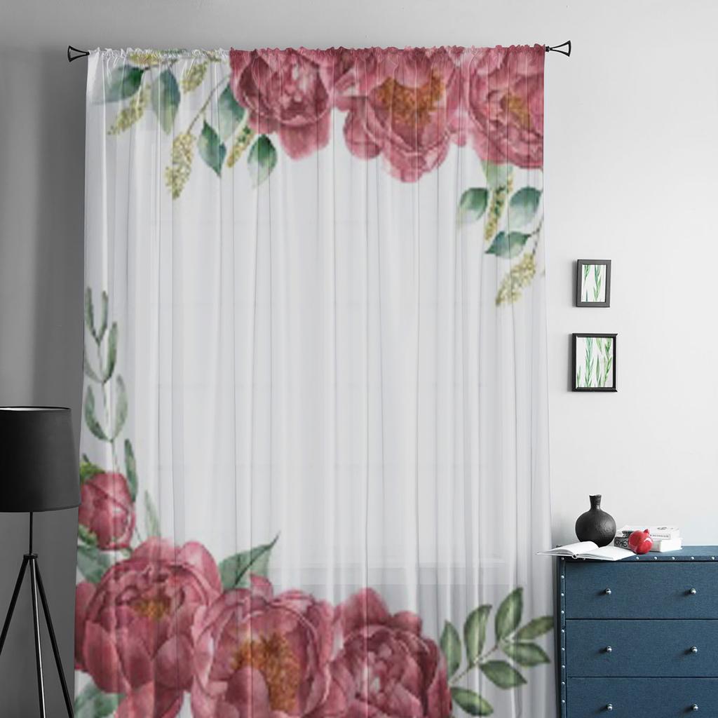 Aquarell Posy Zweig mit Pfingstrosenpflanzen Weiße Chiffon Transparente Vorhänge Wohnzimmer Schlafzimmer Fenster Voiles Tüllvorhang