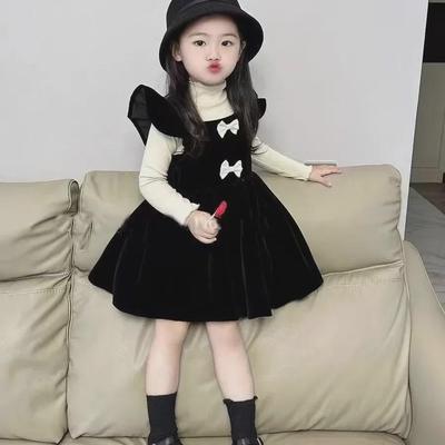 Girls' Velvet Two-Piece Set: Thickened German Velvet Warm Bottoming Shirt & Gold Velvet Fly Sleeve Dress, Fashionable Korean Street-Style.