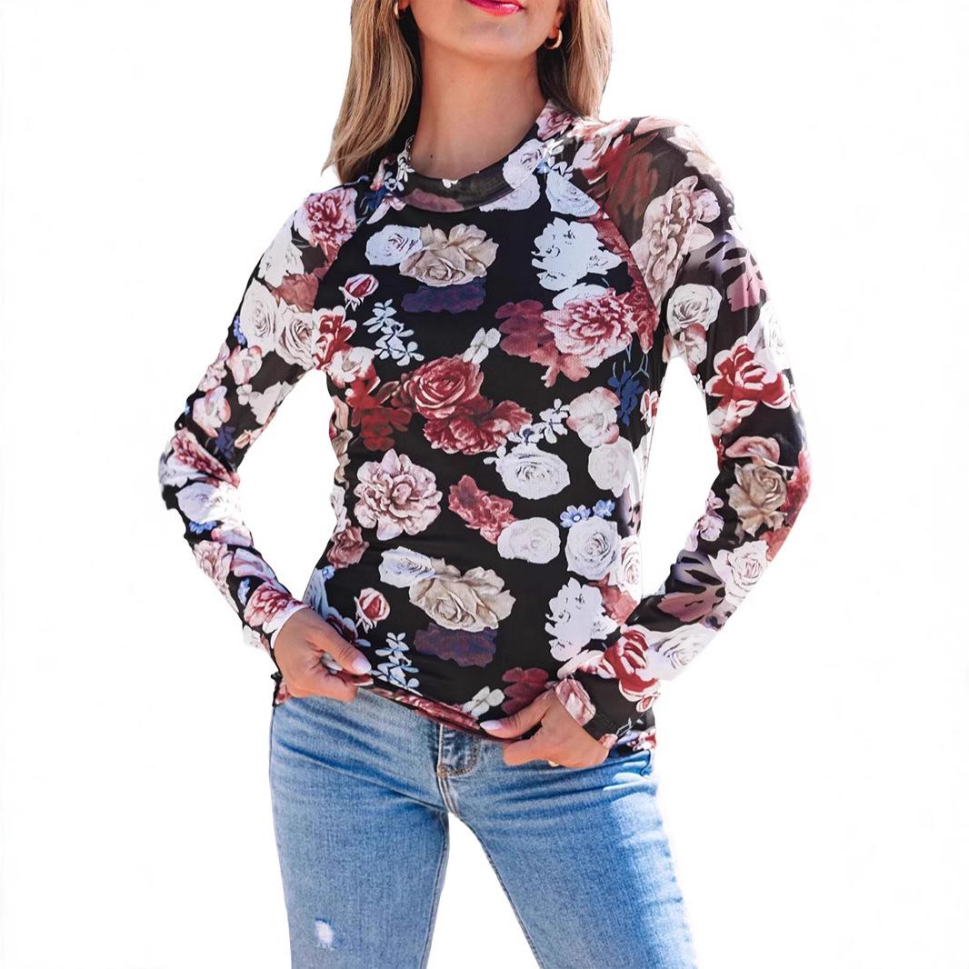 

SHIYING Топ с цветочным принтом, облегающего кроя, с полувысоким воротом и длинными рукавами для женщин - Европейский и американский стиль Medium цветочный