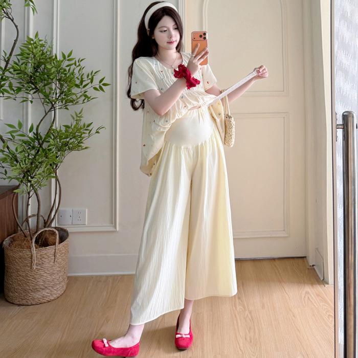 

2026 Summer Maternity Fashion: Loose Belly-Covering Top & Wide-Leg Pants Two-Piece Set L