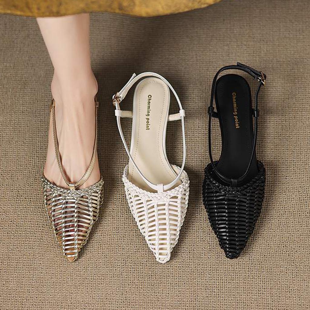 Krazing Pot Straw Weaving Mules Summer Size 42 Gold Color Thick Low Heels Women Women Pointed Toe Sandals