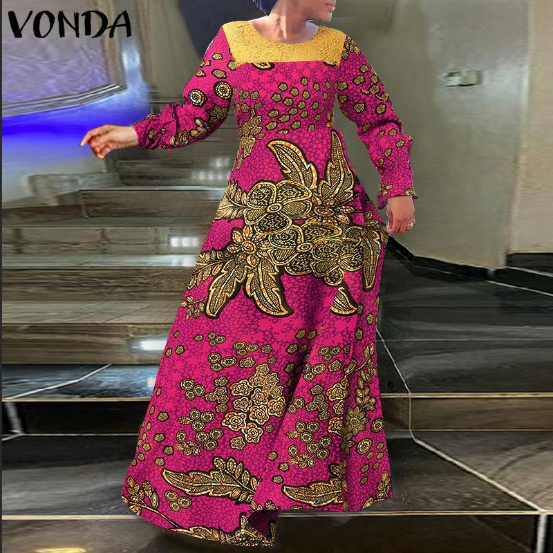 

VONDA Элегантное женское кружевное платье макси с длинным рукавом и винтажным принтом