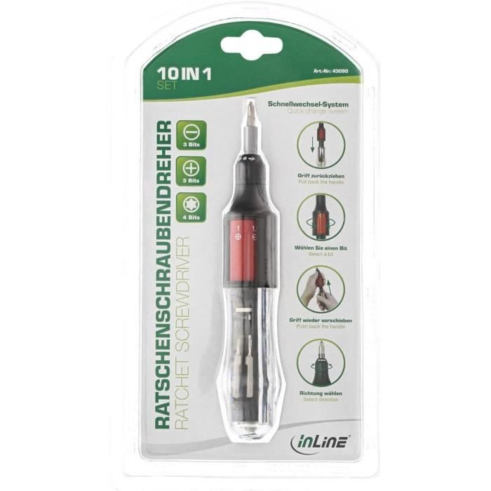 Inline 43090 ratschen-schraubendreher 10in1 mini, bit-schnellwechsel-system avec magnétique porte-outil