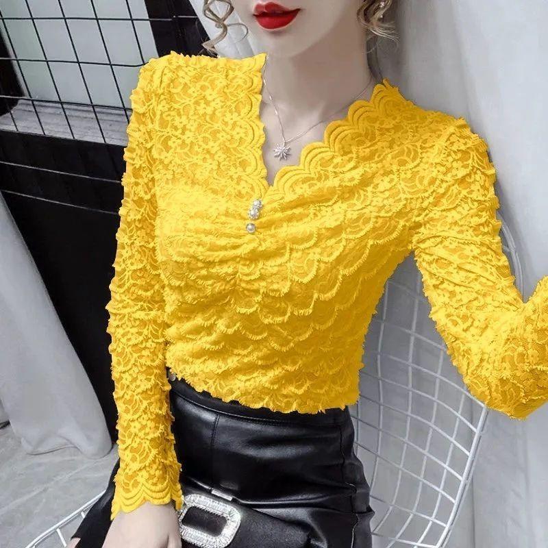 

Весна Осень V-образный вырез Офисная леди Кружевная вставка Женская одежда Однотонный пуловер Повседневная футболка Вязаные крючком ажурные топы M жёлтый