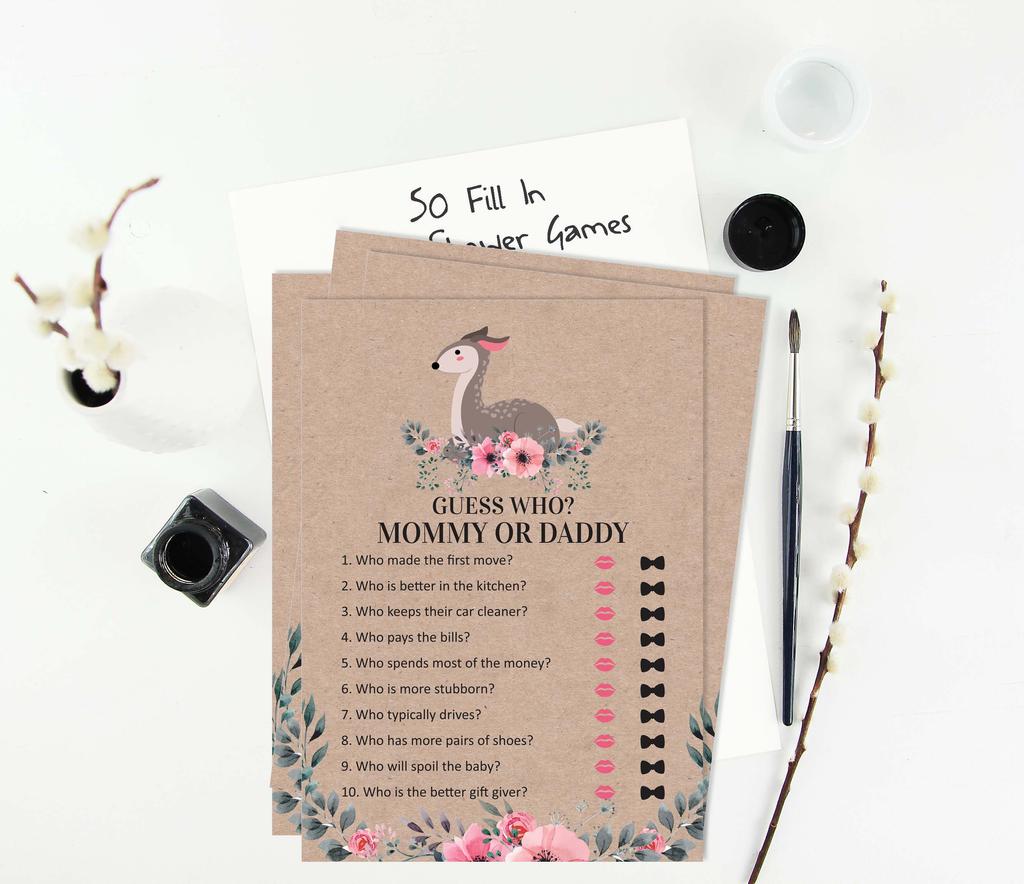 Inkdotpot Who Said it Game Mommy Or Daddy 50 Sheet Fun Baby Shower Game Gender Neutral Floral & Deer Rustic Kraft Party Supply