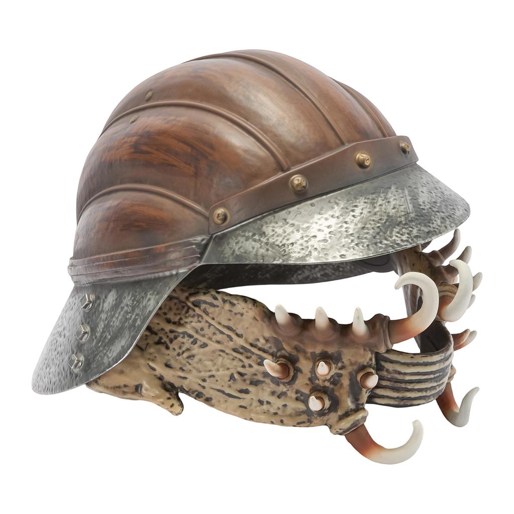 Medieval Style Warrior Helmet with Metal Rivets and Decorative Horned Jaw Guard Suitable for Role Play and Display