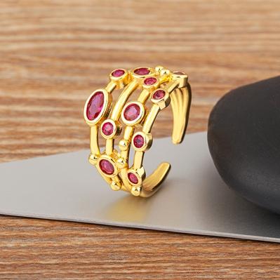 Nidin Four Layers Exquisite Simple Design Zircon Rose Red/Purple Color Open Rings Adjustable For Woman Wedding Party Luxury Gift