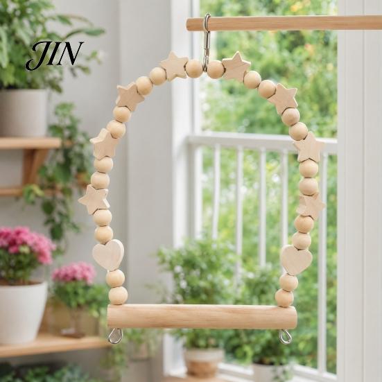 Bird Swing with Beads Parrot Perch, Solid Wood Perch Pole, Wooden Blocks And Cage Accessories Arch, Unpainted Toy for Small Medium Parrots Climbing