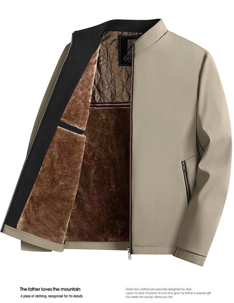 Men's Business Plus Velvet Thick Jacket - 2025 Autumn/Winter, Loose Fit, Stand Collar, Casual Dad Coat for Middle-aged & Elderly
