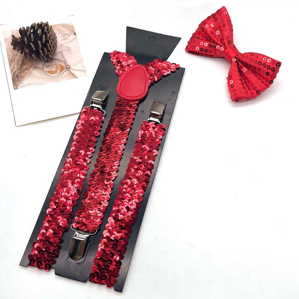 Shimmering Suspenders and Bowtie Set for Men with Metal Clip Comfortable and Popular Costume Braces for Party Gathering