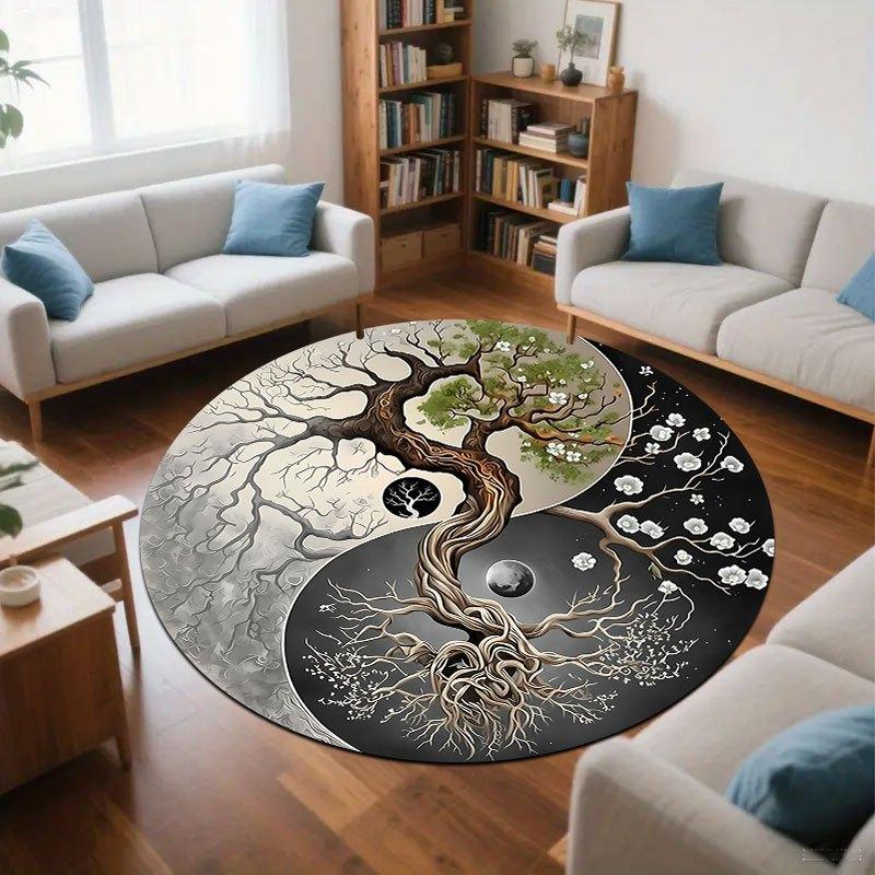 Bohemian Life Tree Design Flannel-printed round floor mats are slip-resistant Suitable for living bedroom terrace garden carpets
