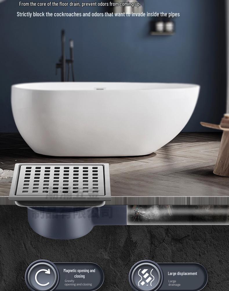 304 Stainless Steel European-Style Large Capacity Square Floor Drain with Sliding Side Drain.