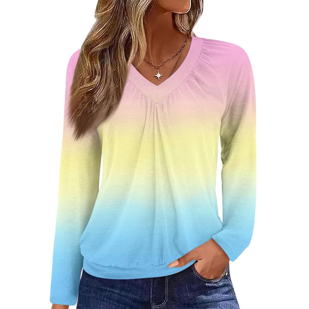 Women's Casual Fashion V-Neck Raglan Pleated Color Long Sleeve Top