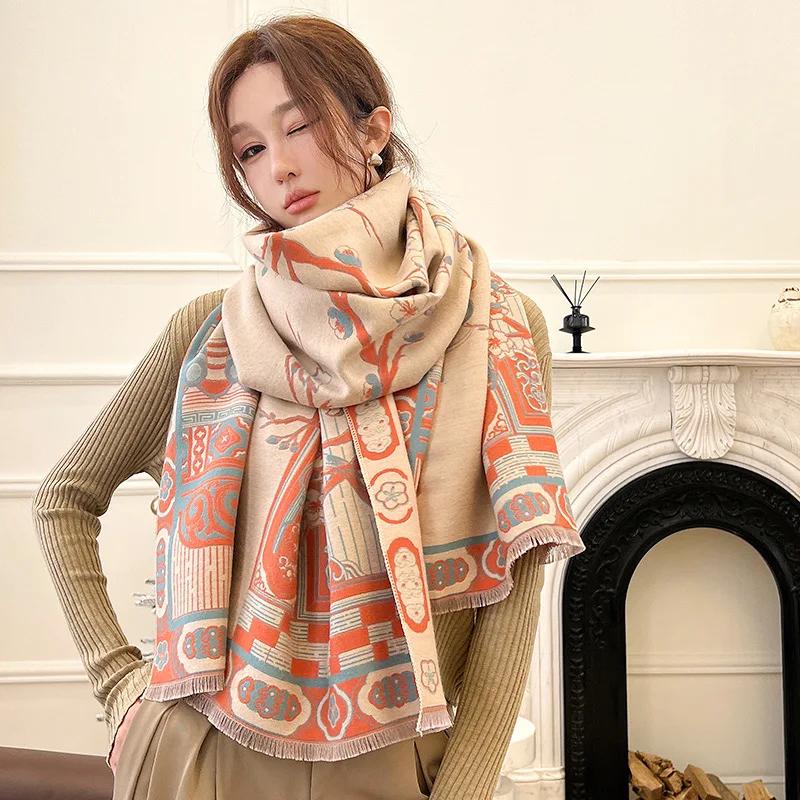 Luxury Cashmere Floarl Scarf Winter Women Pashmina Shawls Warm Blanket Wraps Female Foulard Bandana Brand Thick Scarves Hijab