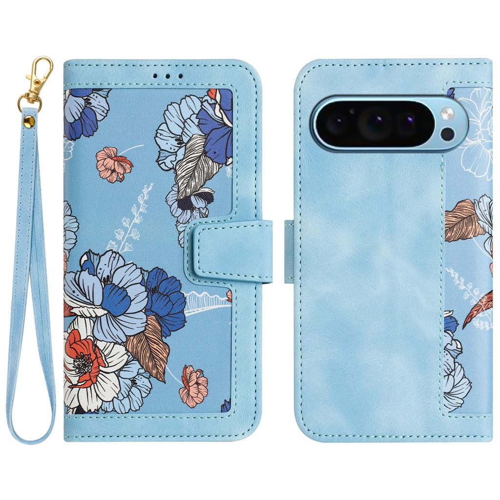 For Google Pixel 9/Pixel 9 Pro Phone Cover Flower Pattern PU Leather Case with Card Holder and Stand