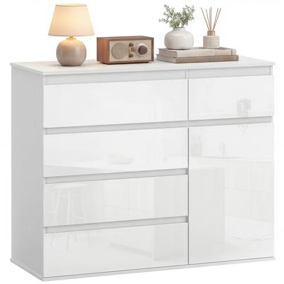 Modernes Sideboard, Aufbewahrungssideboard mit 5 Schubladen, Verstellbarer Einlegeboden, Soft-Close-Tür, Weiß Hochglanz