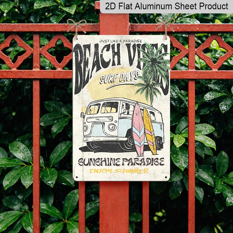 2D Flat, Retro Beach Vibes 8x12" Aluminum Wall Art - Vintage Surf Van & Palm Tree Design, Durable Metal Sign - Ideal for Home, Garden, Bar, Cafe