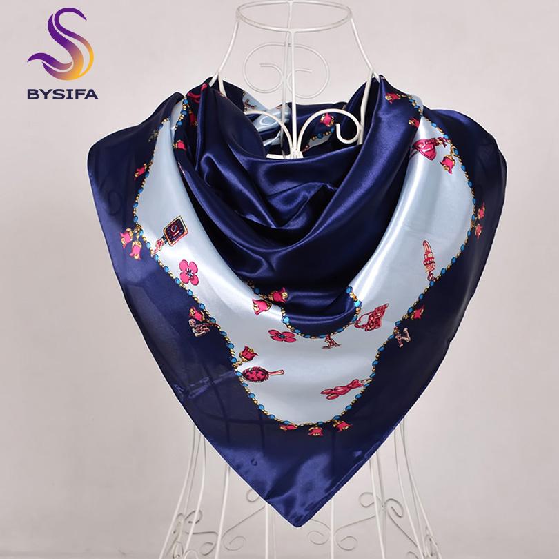 [BYSIFA] Women Scarf New Black Beige Silk Square Scarf Shawl Ladies Dot Prin Winter Scarves Bandana Spring Fall Head Scarfs Blue