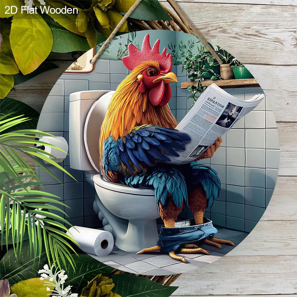 Funny Toilet Wooden Sign with Roosters Reading Newspapers Pattern, Unique Round Sign for Bathroom Door Hanging Decor