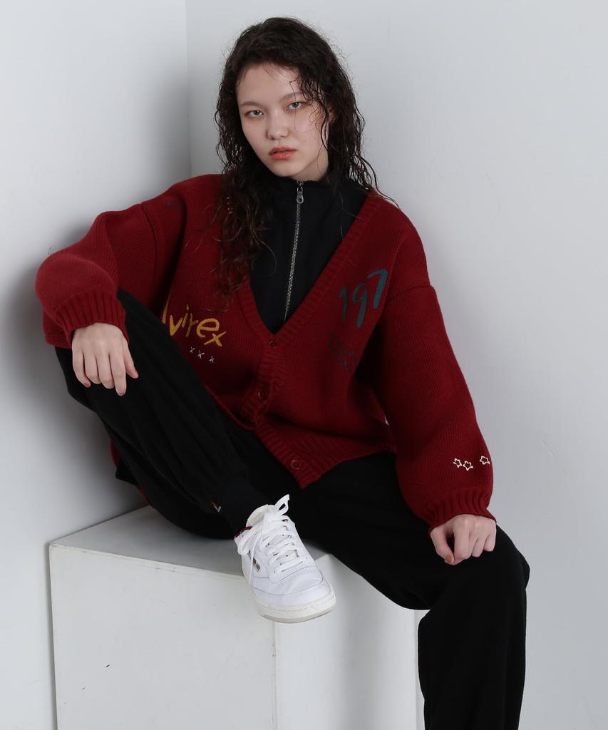 AVIREX HAND EMBROIDERY KNIT CARDIGAN women's F 100 red 783-4241601