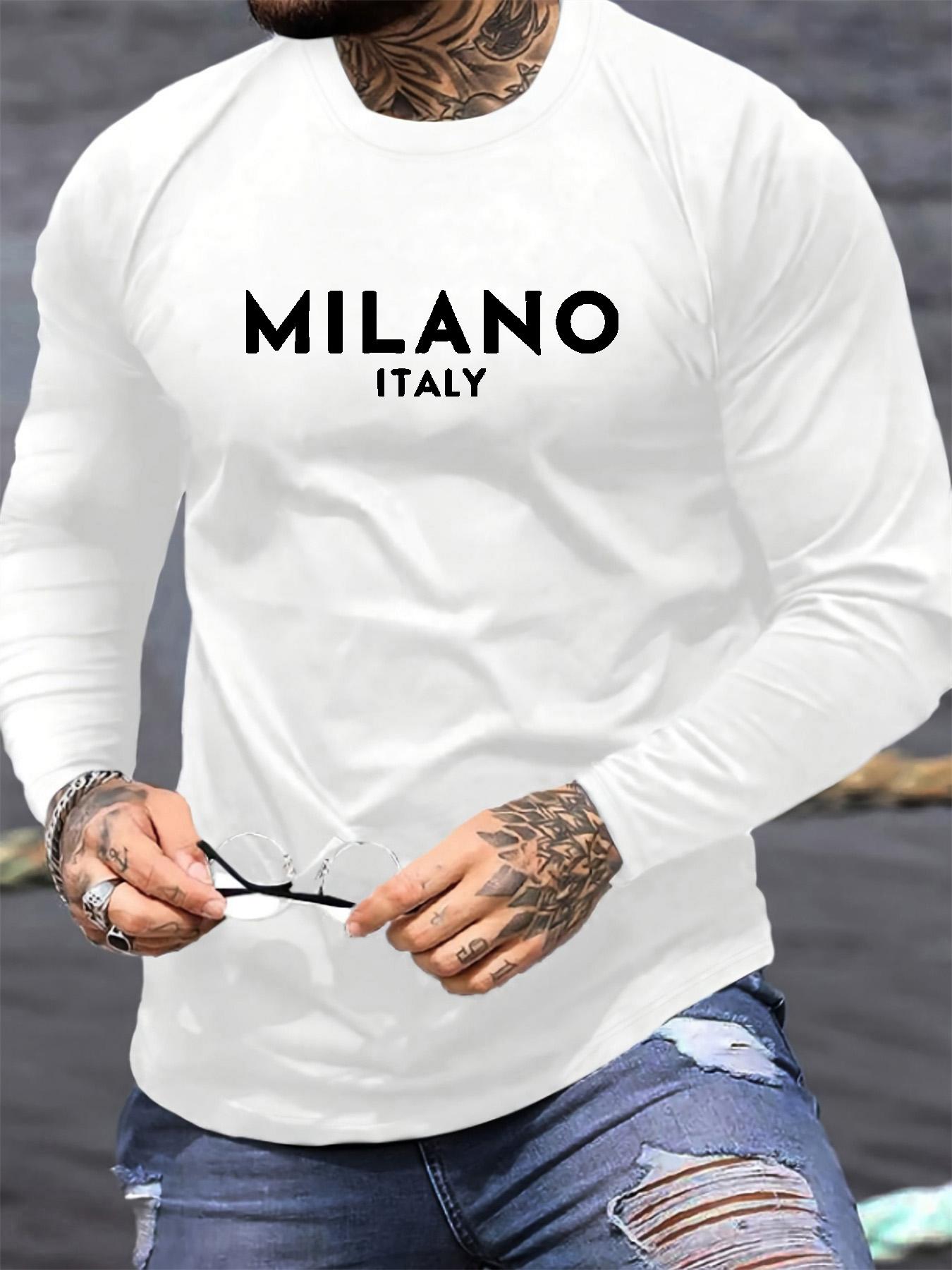 Chaokebang 100% Puur Katoen Heren Lange Mouwen Ronde Hals Los Casual MILANO ITALI&Euml; Patroon Gedrukt Lente en Herfst Veelzijdig T-shirt Top 2XL