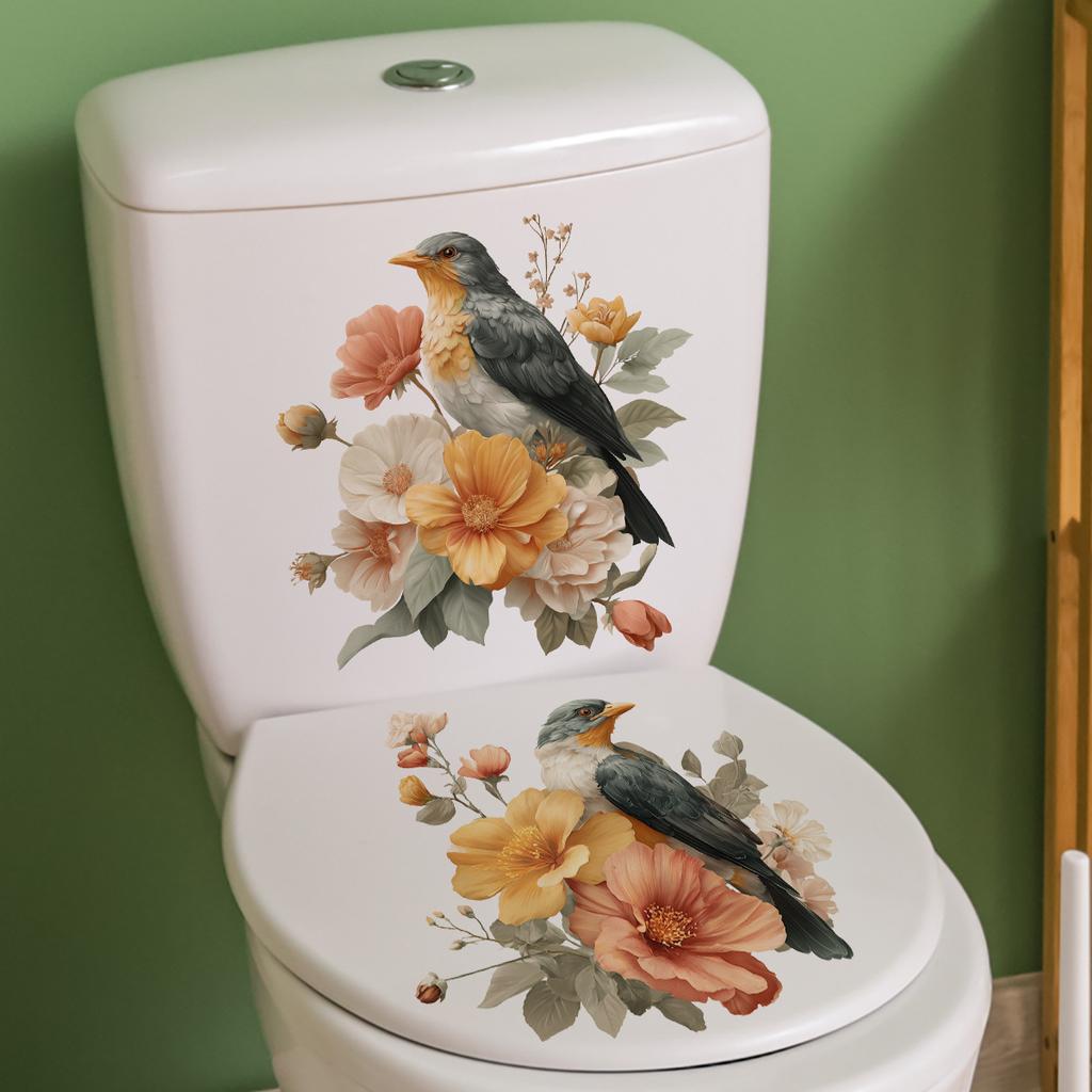 Retro Floral and Bird Toilet Paper for Bathroom Self-adhesive Morandi Floral and Bird Toilet Decoration Stickers