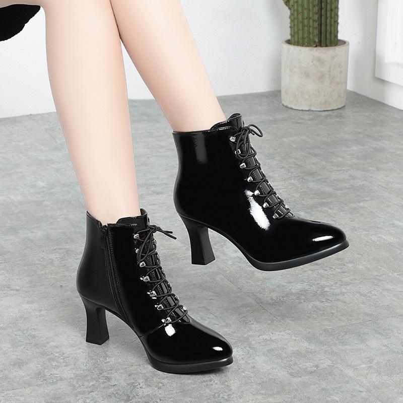 Women Victorian Ankle Boots British Style Thick Heel Shoes Fashion Lace Up Autumn And Winter Keep Warm Pointed Tip For Office