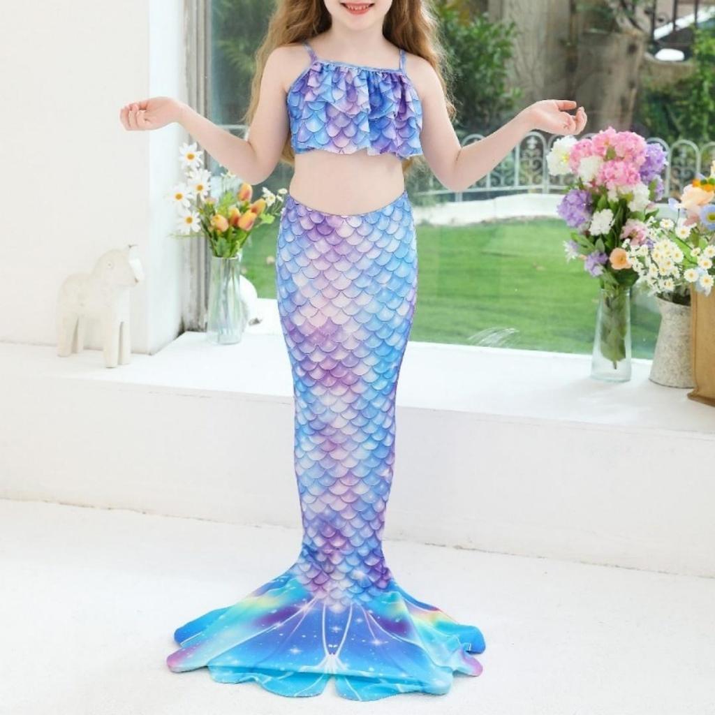 3Pcs Girls Mermaid Tail Swimsuit Children Memaid Swimwear Bikini Bathing Suit Halloween Costume Princess Beach Party Clothing