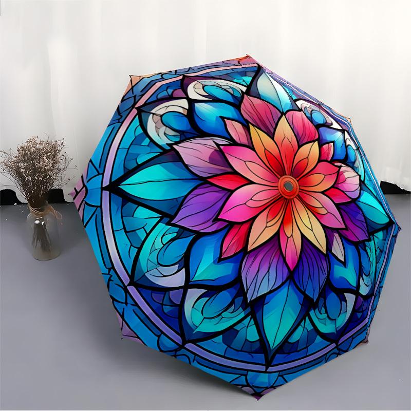 1pc Stained Glass Mandala Automatic Open/Close Umbrella, Portable Folding Umbrella, Compact Travel Umbrella for024