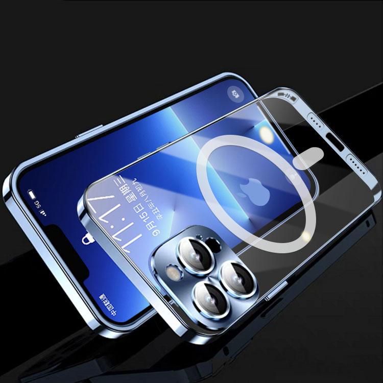 Luxusní pouzdro na telefon s magnetickým kovovým rámem pro iPhone 14 13 12 Pro Max Full Lens Glass Cover Matný průhledný zadní kryt