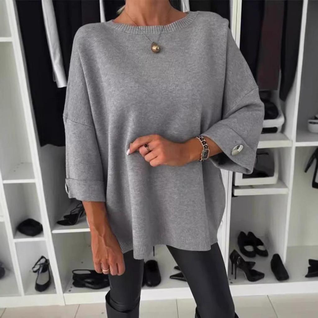 2024 Autumn Women's Solid Color Round Neck Mid-Sleeve Knitted Casual Top
