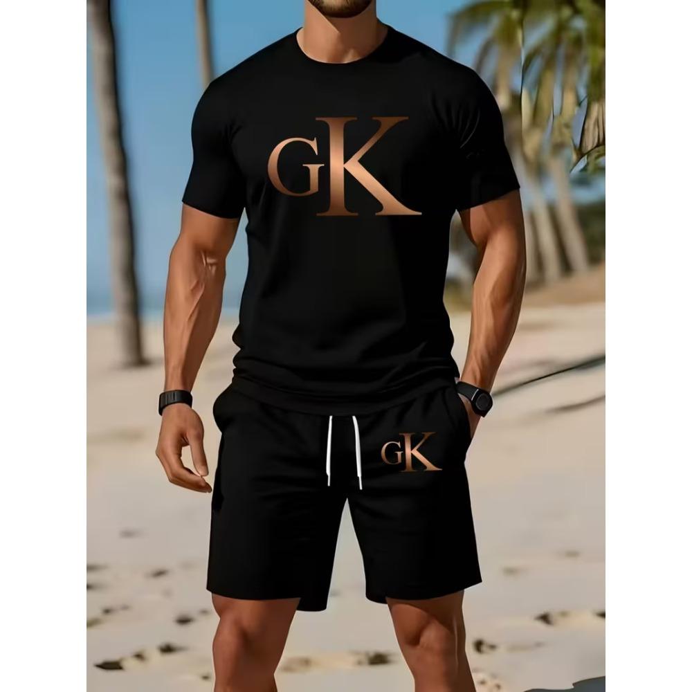 Summer Men's 3D Printed Casual Sports Loose Fashionable Comfortable Round Neck Short Sleeved Shorts Set Letter Stripe Pattern Sports Wear
