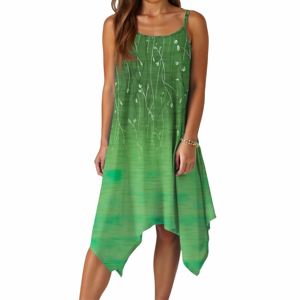 Women's Summer Casual Print Round Neck Adjustable Suspender Dress With Pockets
