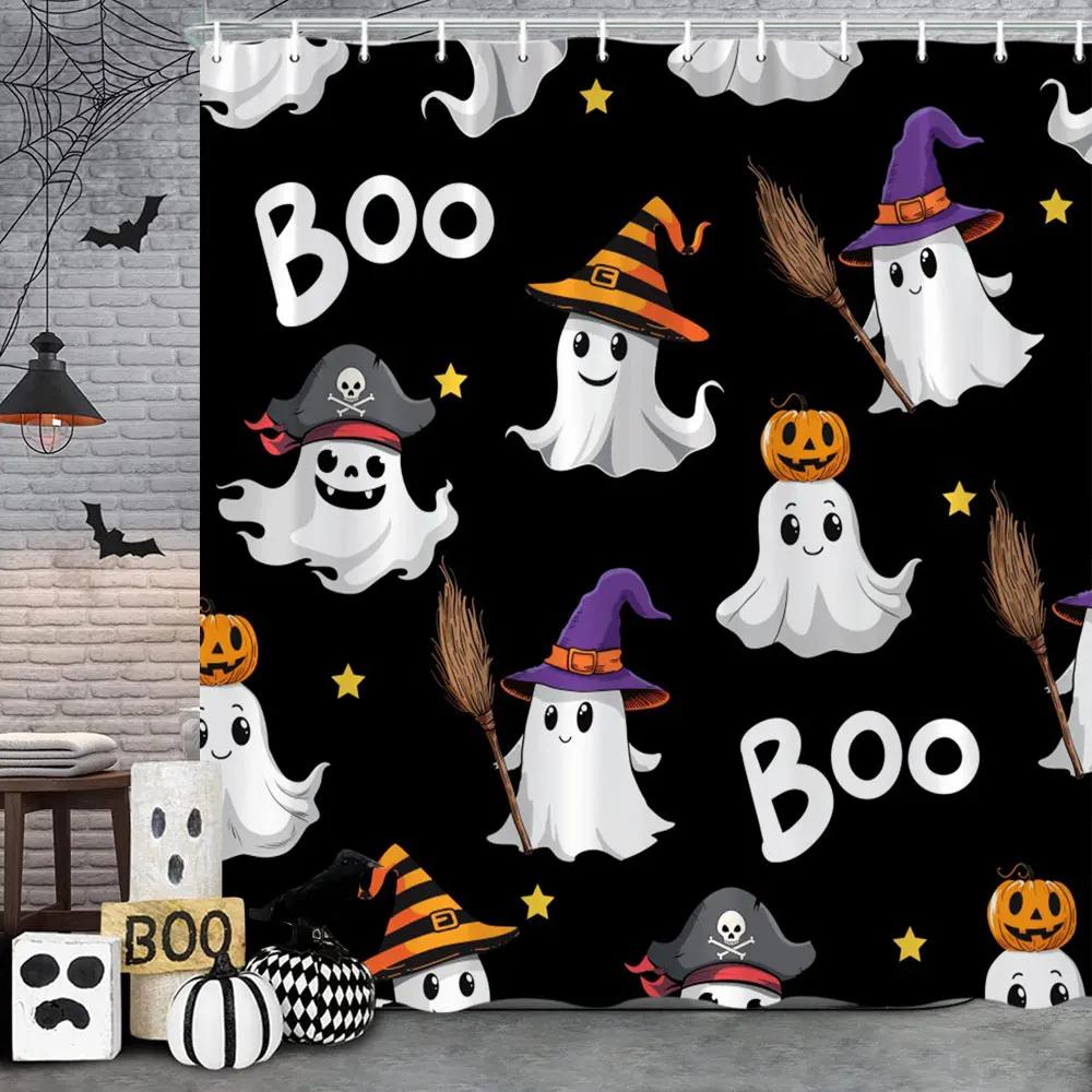 Spooky Horror Halloween Skeleton Crow Shower Curtain Black Bat Black Cat Polyester Fabric Bath Curtain Bathroom Decor With Hoo