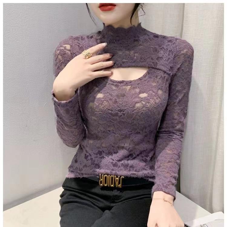 

Модная кружевная индивидуальная приталенная универсальная рубашка с длинными рукавами и высоким воротом для женщин 2XL фиолетовый