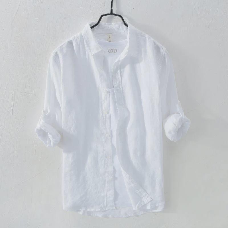 Camicia da Uomo Casual Bianca a Maniche Lunghe Traspirante in Lino - Vestibilità Slim, Leggera, Resistente ai Raggi UV