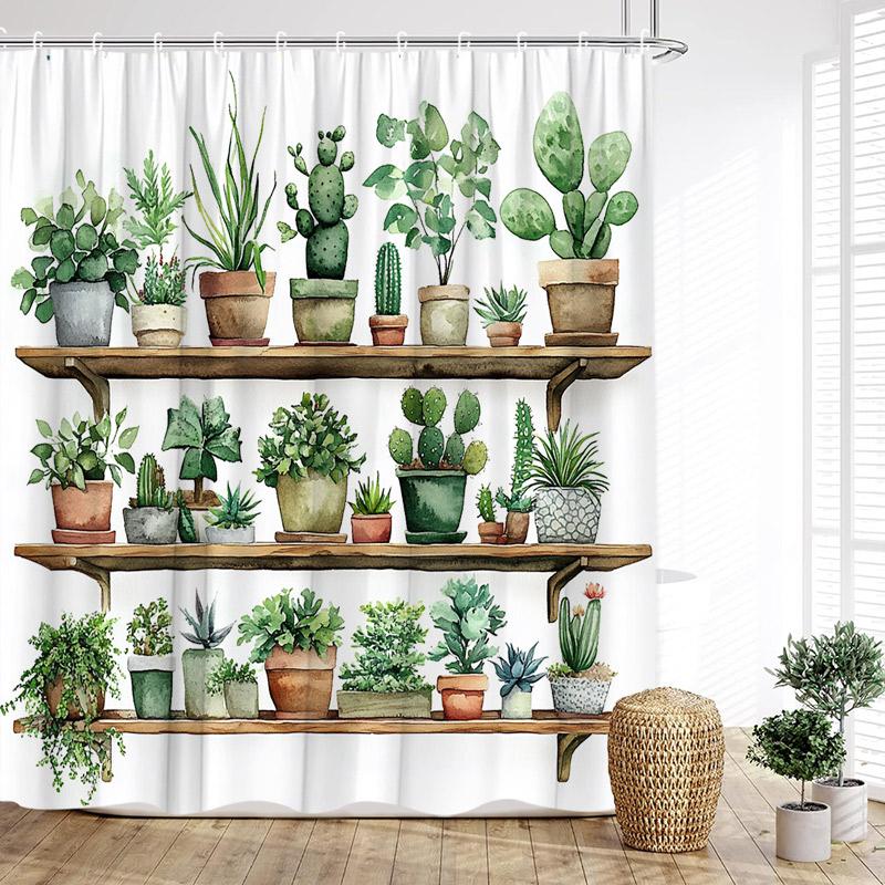 Green Plants Shower Curtain Tropical Plant Bonsai Rabbit Cactus Bath Curtains Polyester Fabric Home Bathroom Decor With Hooks