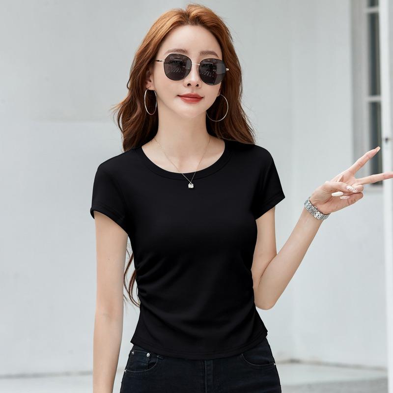 Dámské bavlněné tričko s pozitivním ramenem se závitem, spodní tričko, jaro a léto, slim, tenké, přiléhavé, s krátkým rukávem