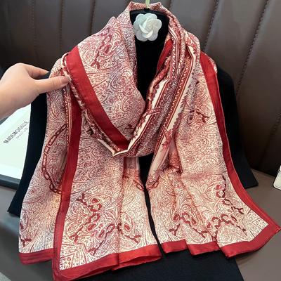 Spring and Autumn New Light Luxury High-end Silk Scarf Retro Court Style Extended Printing Simulation Silk Scarf Sunscreen Outer Scarf
