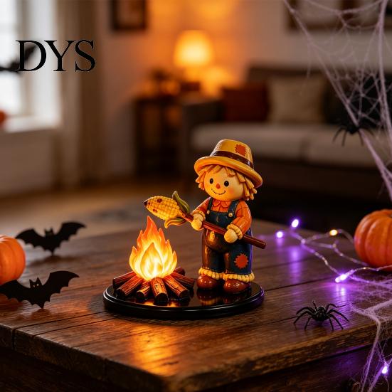 Collectible Fall Atmosphere Sculpture Halloween Campfire Tealight Holder, Matte Resin Ghost Mummy Scarecrow Figurine, Stable Night Light Round