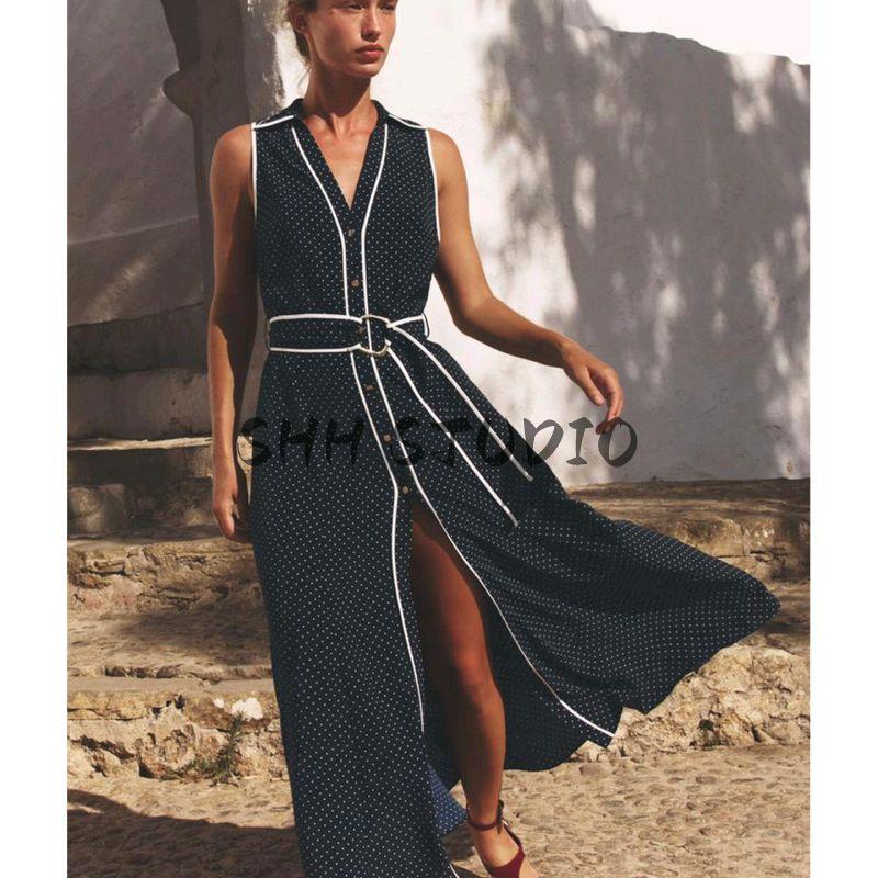 Summer New Women clothes Holiday Style Polka Dot V-neck Sleeveless Midi Length Dress 3689750 8349750