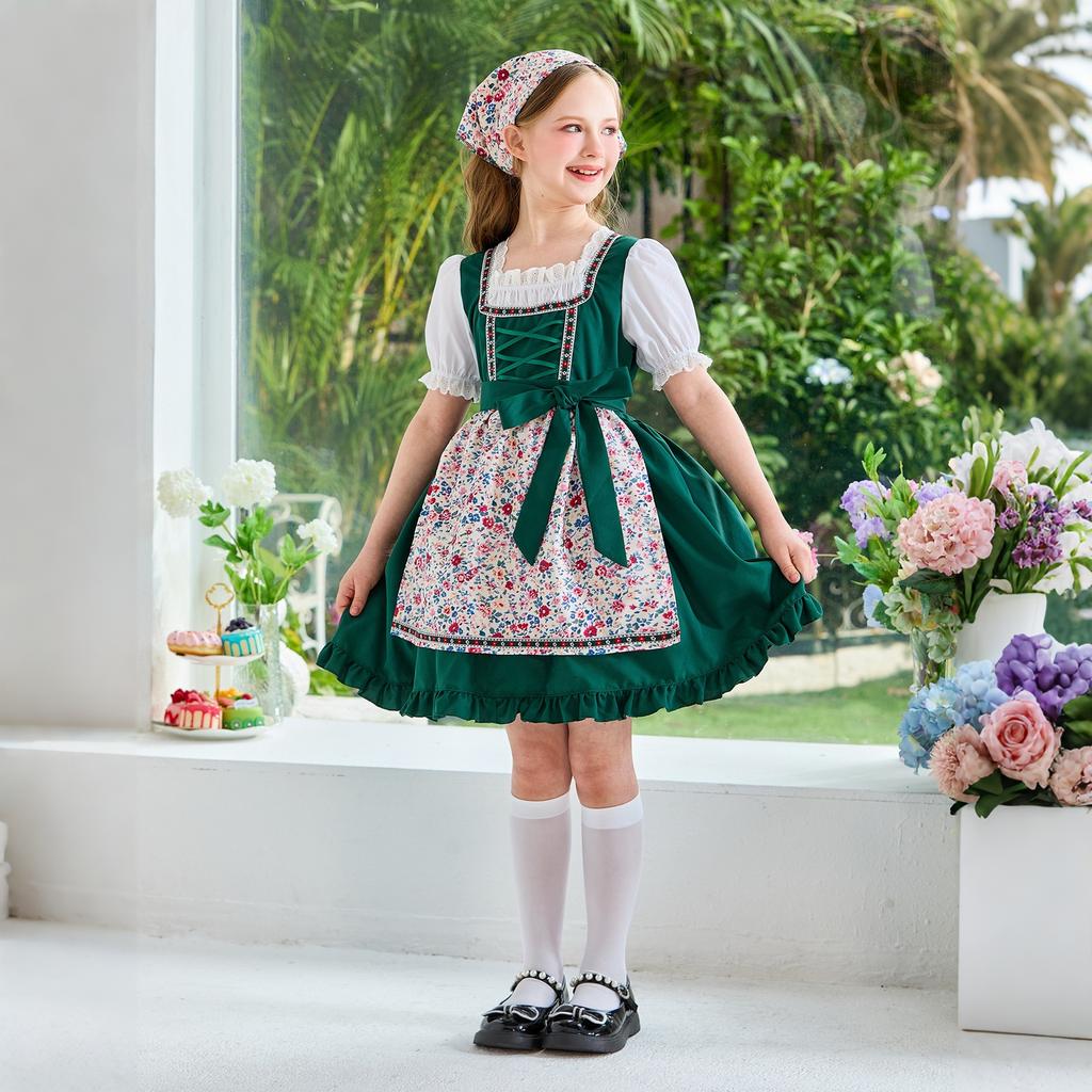 Girls Traditional Dress Oktoberfest Costume Country Style Apron Dress with Headscarf and Puff Sleeve Shirt for Kids