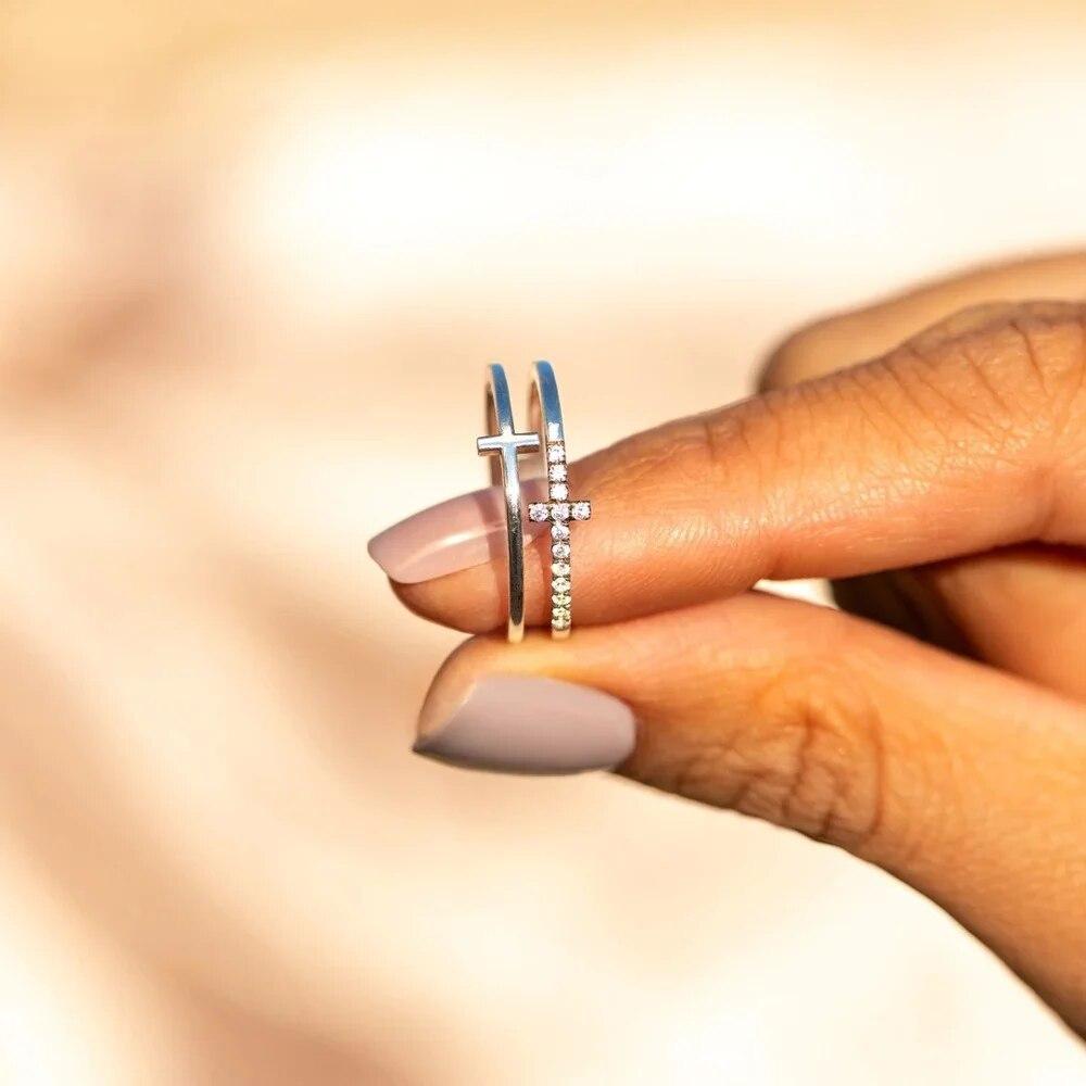 Trumium 925 Sterling Silver Trendy Minimalist Double Cross Rings For Women Geometric Double Layer CZ Ring Wedding Fine Jewelry