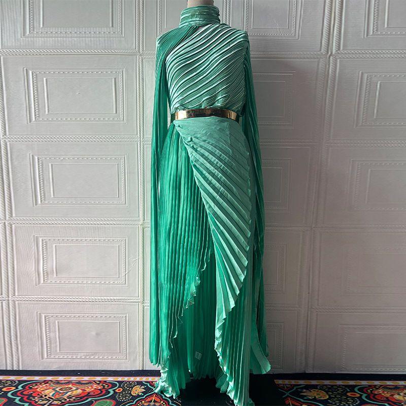 

European and American New Foreign Trade Long Shawl Split Temperament Guest dresses Belt Dress Fruit Green XL