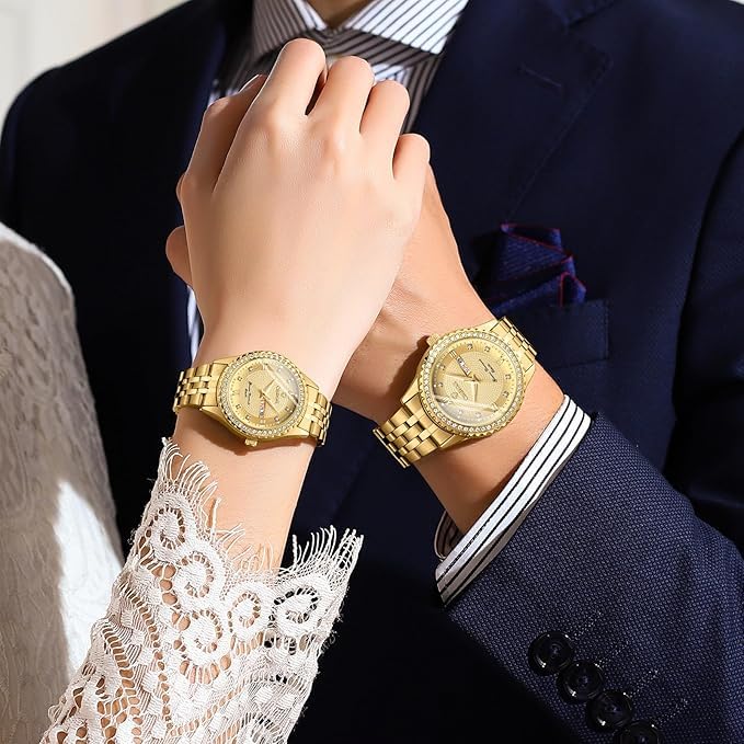 Stylish and Simple Gold Couple Watches: Diamond, Analog Display, Stainless Steel, Calendar, Waterproof, Quartz Movement, Leisure, Business, Couple's