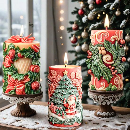 Christmas Candle Mold 3D Embossed Santa Tree Snowman Cylinder Silicone Mold for Resin Candle Soap Craft Cake Chocolate Making