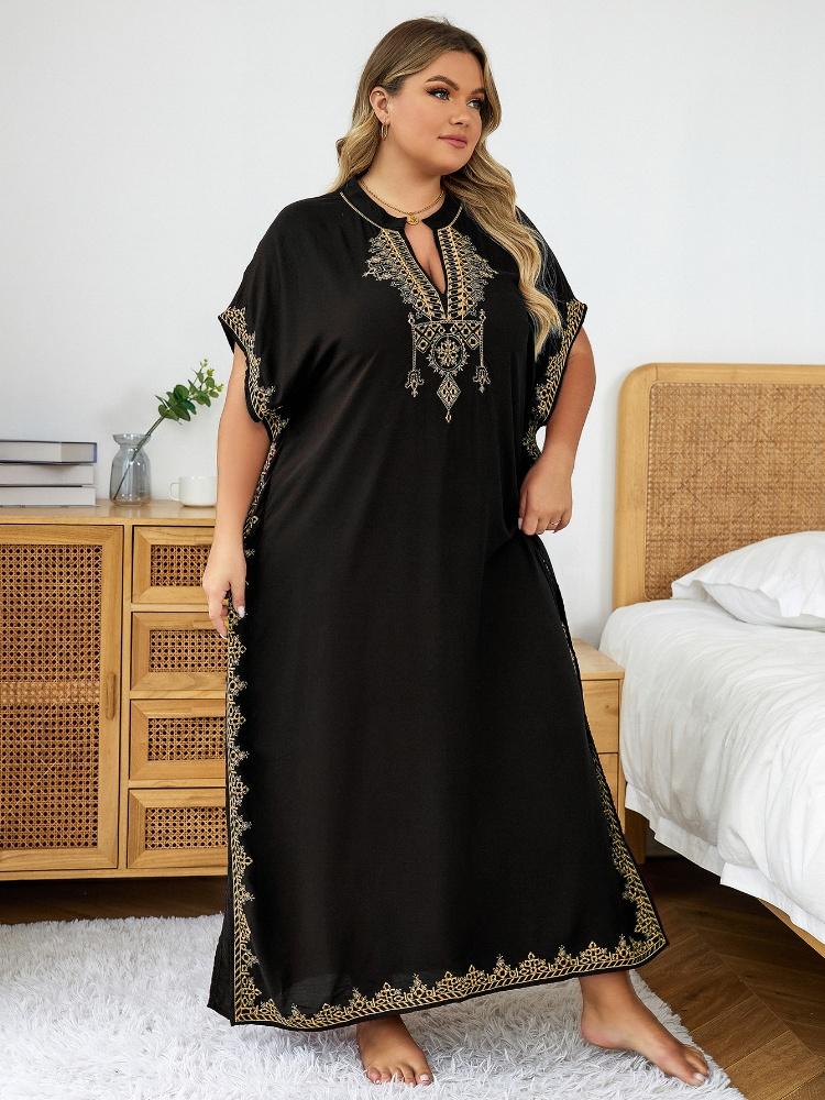 EDOLYNSA Schwarzer Damen-Kaftan mit goldener Stickerei, Hauskleid, lockeres Urlaubsparty-langes Kleid, Übergröße, Lounge-Kleidung Q1545