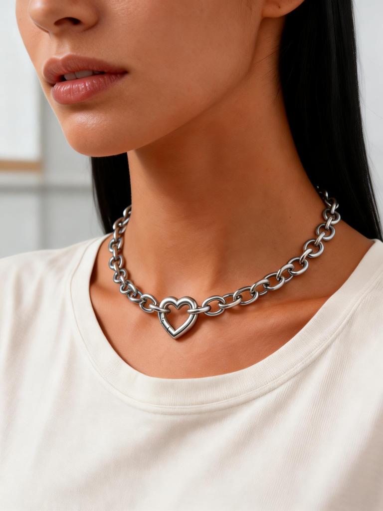 Chunky Heart-Shaped Clasp Necklace for Women Stainless Steel Round Rolo Chain Necklaces High-Quality Jewelry Gift